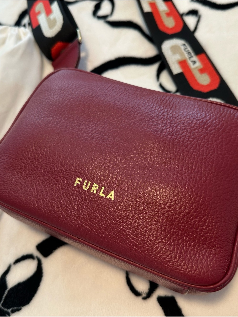 Furla Burgundy Leather Crossbody with Logo Webbing Strap
